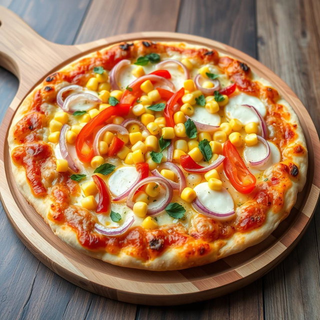 A delicious pizza featuring a mouthwatering topping of sweet corn, crunchy onions, and vibrant capsicum, all perfectly balanced on a base of melted mozzarella cheese