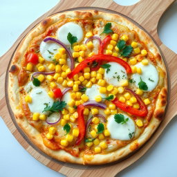 A delicious pizza featuring a mouthwatering topping of sweet corn, crunchy onions, and vibrant capsicum, all perfectly balanced on a base of melted mozzarella cheese