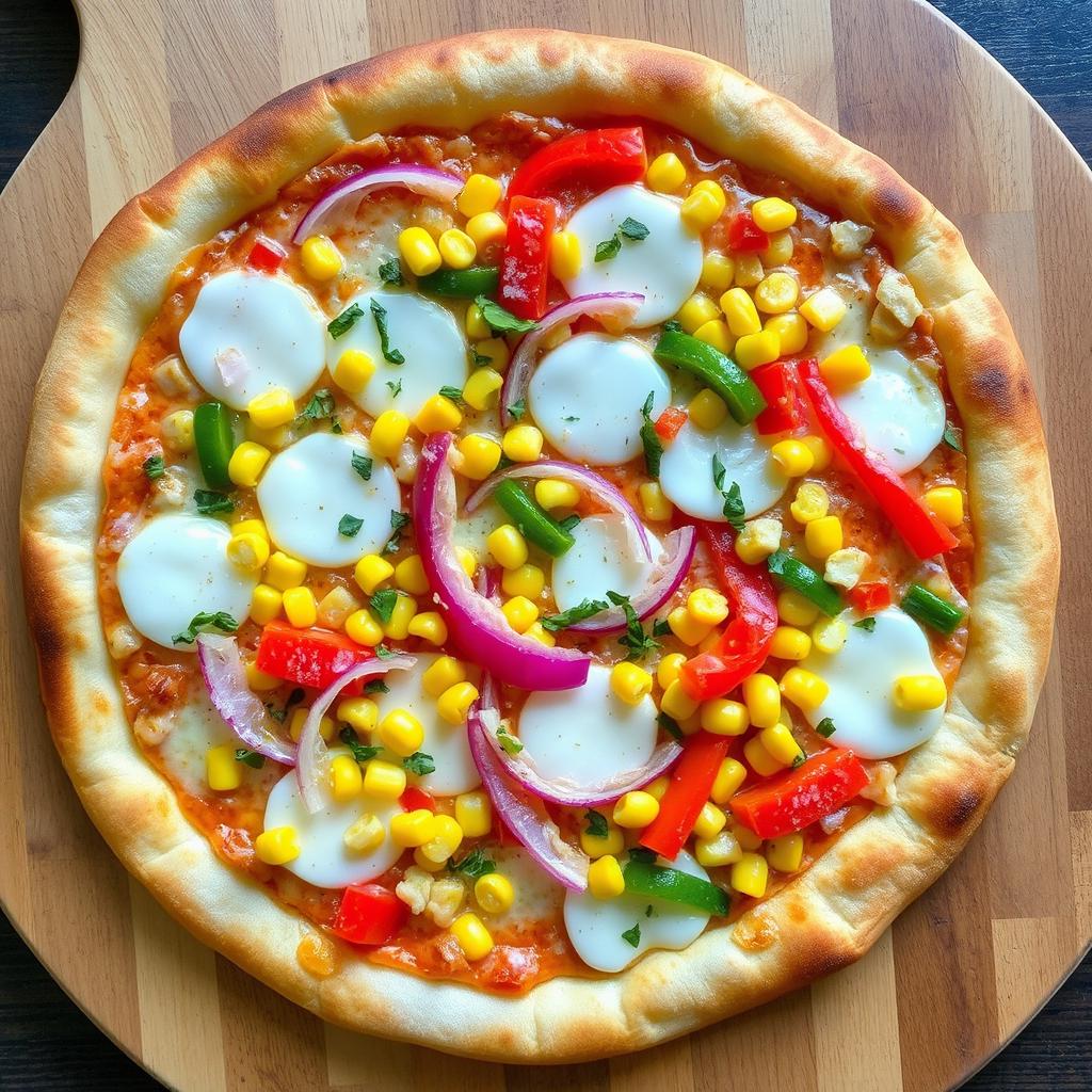 A deliciously crafted pizza featuring a colorful topping of sweet corn, crunchy onions, and fresh capsicum, all harmoniously combined atop a generous layer of melted mozzarella cheese