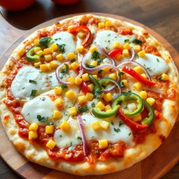 A deliciously crafted pizza featuring a colorful topping of sweet corn, crunchy onions, and fresh capsicum, all harmoniously combined atop a generous layer of melted mozzarella cheese