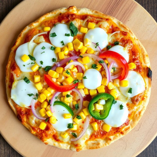 A deliciously crafted pizza featuring a colorful topping of sweet corn, crunchy onions, and fresh capsicum, all harmoniously combined atop a generous layer of melted mozzarella cheese