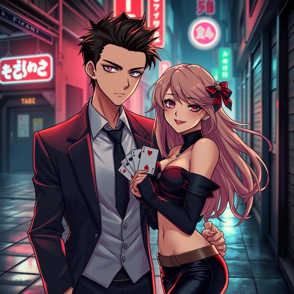 A young anime couple involved in the mafia world, showcasing a stylish and dangerous atmosphere