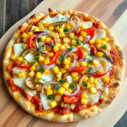A scrumptious pizza topped with an enticing mix of sweet corn, crunchy onions, and colorful capsicum, all artfully arranged over a generous layer of gooey, melted mozzarella cheese