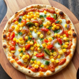 A scrumptious pizza topped with an enticing mix of sweet corn, crunchy onions, and colorful capsicum, all artfully arranged over a generous layer of gooey, melted mozzarella cheese