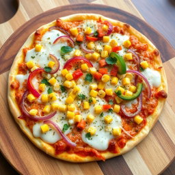 A scrumptious pizza topped with an enticing mix of sweet corn, crunchy onions, and colorful capsicum, all artfully arranged over a generous layer of gooey, melted mozzarella cheese