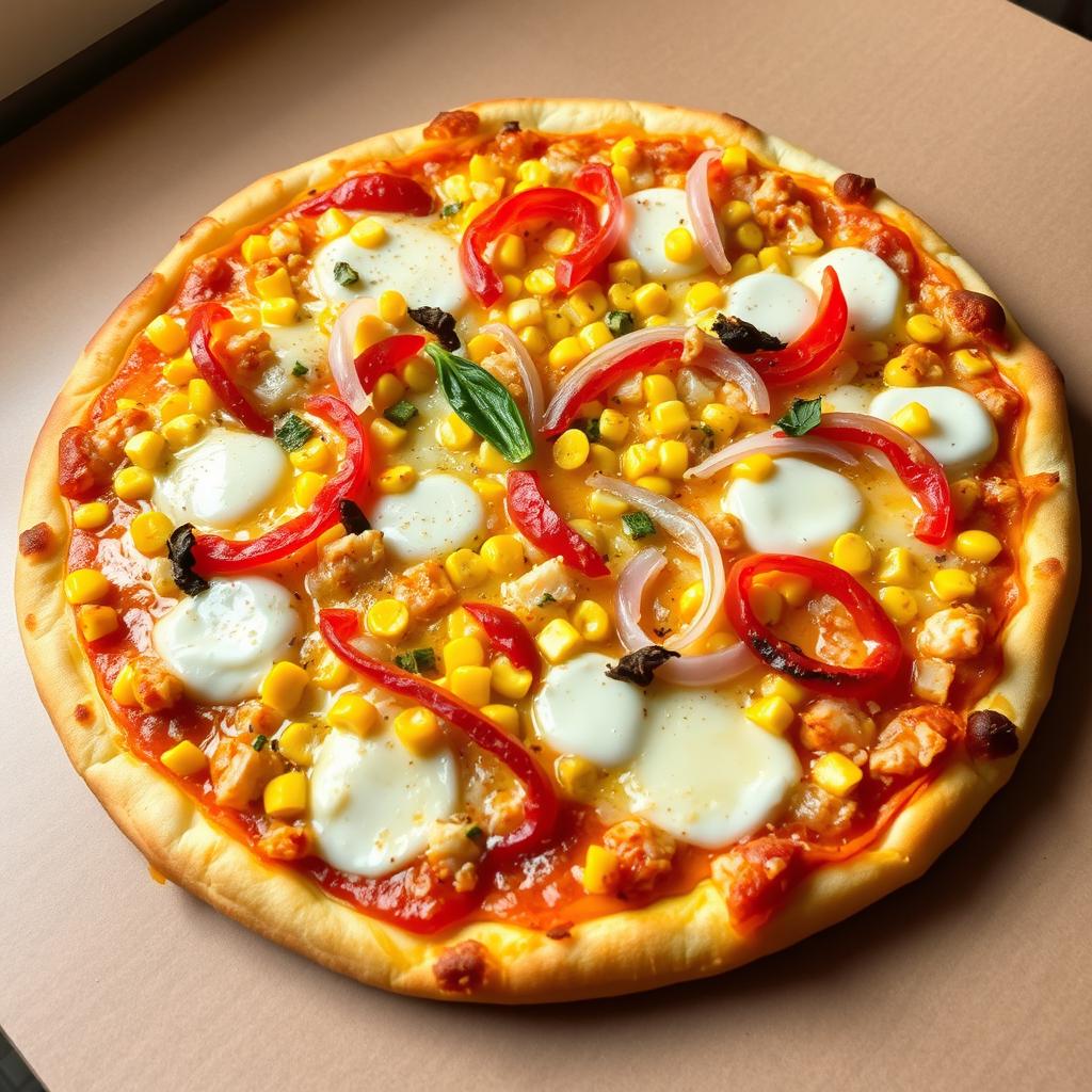 An appetizing pizza featuring a delightful combination of sweet corn, crunchy onions, and vibrant capsicum, all generously covered with a rich layer of melted mozzarella cheese