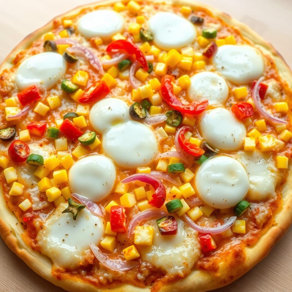 A mouthwatering pizza featuring an abundance of sweet corn, crunchy onions, and colorful capsicum, all topped with a luxurious layer of melted mozzarella cheese