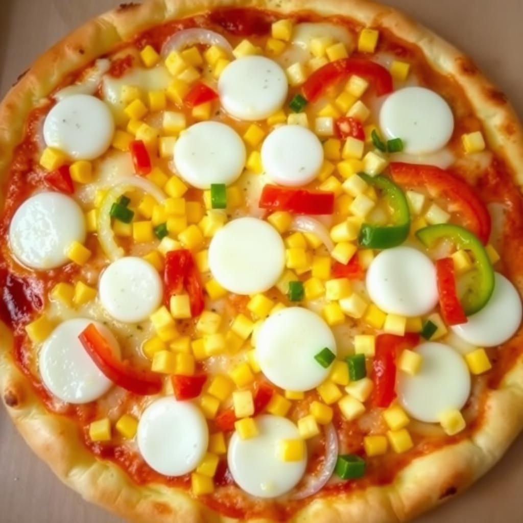A scrumptious pizza featuring a delightful blend of sweet corn, crunchy onions, and vibrant capsicum, all generously topped with a luscious layer of melted mozzarella cheese