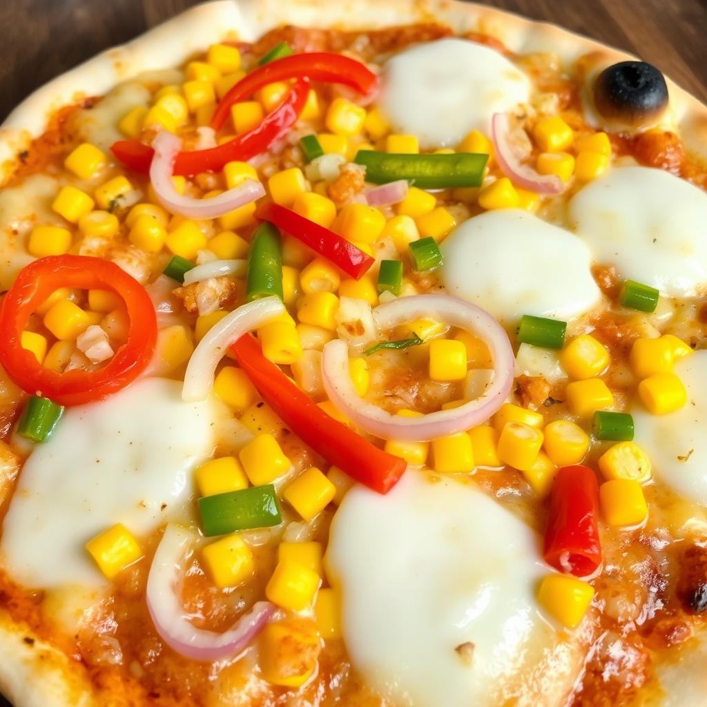 A delicious pizza showcasing a blend of sweet corn, crunchy onions, and colorful capsicum, all topped with a generous layer of gooey melted mozzarella cheese