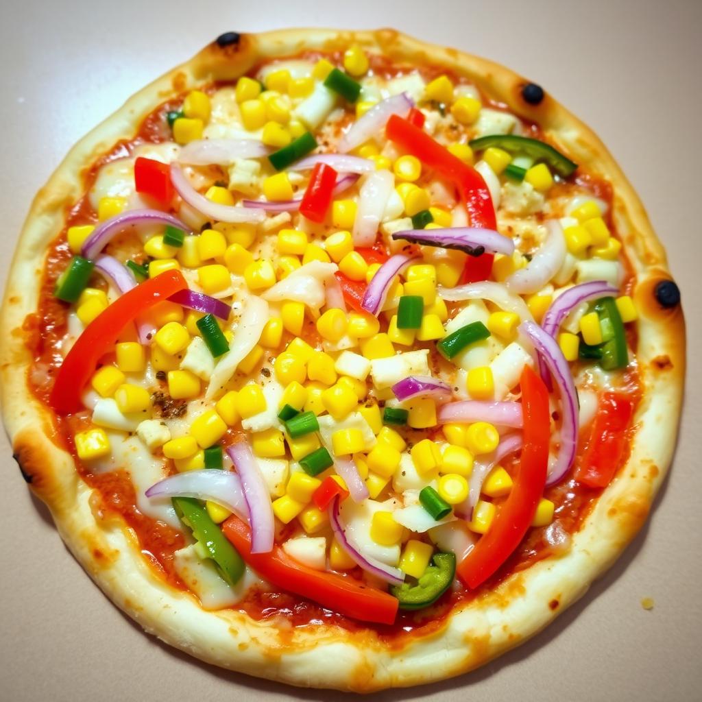 A delicious pizza topped with a delightful mix of sweet corn, crunchy onions, and colorful capsicum, all generously layered with gooey melted mozzarella cheese