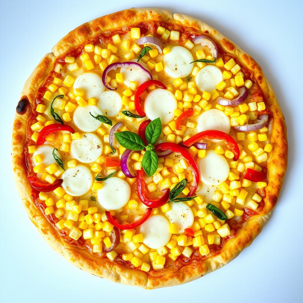 A mouthwatering pizza featuring an array of sweet corn, crunchy onions, and vibrant capsicum, all harmoniously topped with a rich layer of melted mozzarella cheese