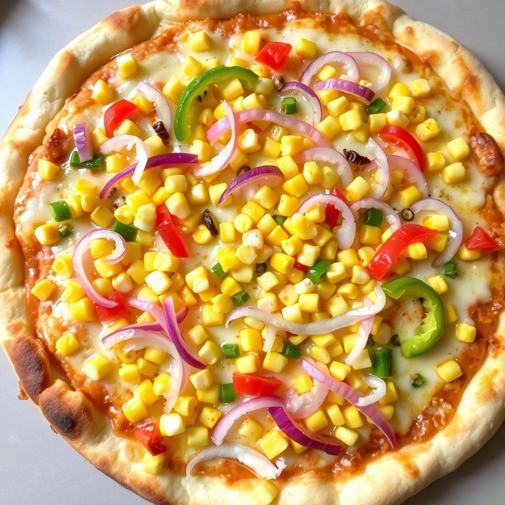 A delicious pizza featuring a generous topping of sweet corn, crunchy onions, and bright capsicum, harmoniously complemented by a layer of gooey, melted mozzarella cheese
