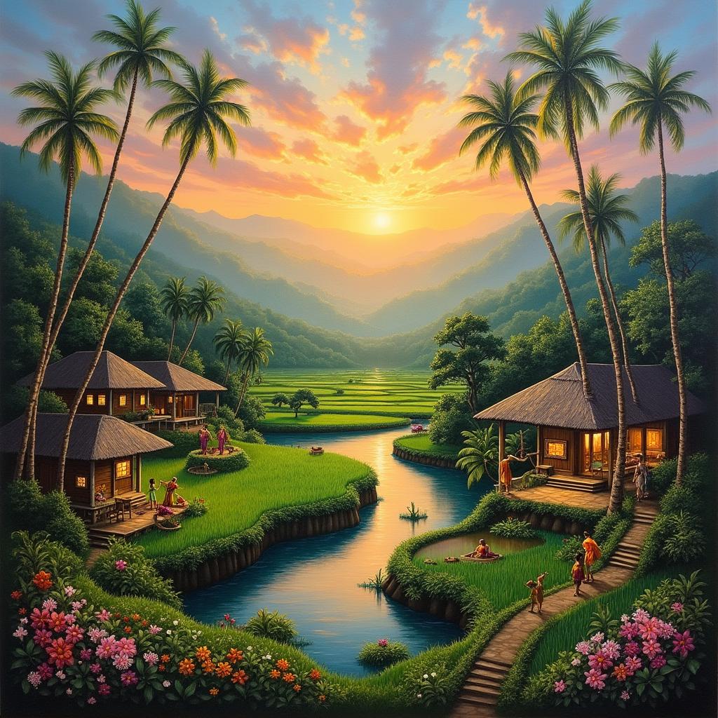 An enchanting oil painting depicting a beautiful Bali village, showcasing lush green rice terraces, traditional Balinese wooden houses with thatched roofs, vibrant tropical flowers, and palm trees swaying in the breeze