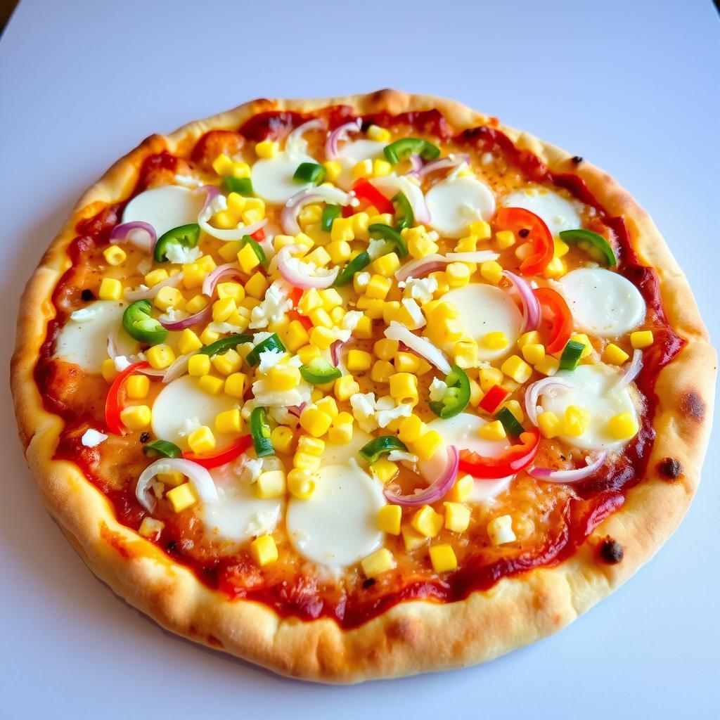A scrumptious pizza adorned with a generous topping of sweet corn, crunchy onions, and bright capsicum, all covered with a luscious layer of melted mozzarella cheese