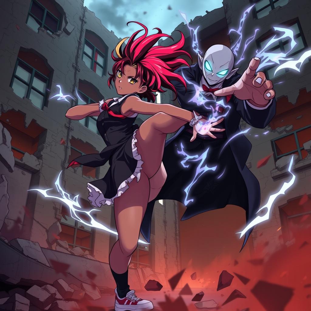 An anime-style black girl with vibrant colorful hair in an intense action pose, attempting to kick a mysterious, magical vampire with glowing eyes