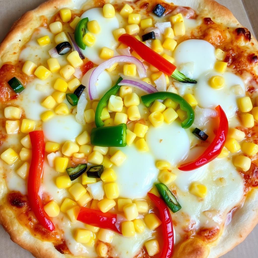 A delectable pizza topped with sweet corn, crunchy onions, and colorful capsicum, all beautifully melted under a generous layer of mozzarella cheese