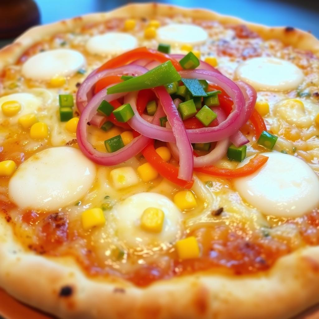 A scrumptious pizza featuring a delightful combination of sweet corn, crunchy onions, and vibrant capsicum, all topped with a luscious layer of melted mozzarella cheese