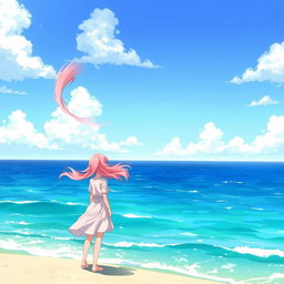 An anime girl standing on a beach, staring out into a vast ocean