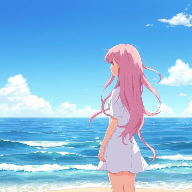 An anime girl standing on a beach, staring out into a vast ocean