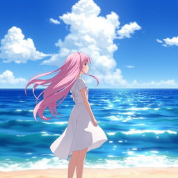 An anime girl standing on a beach, staring out into a vast ocean