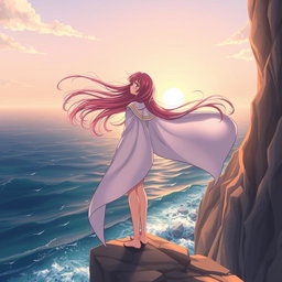 An anime heroine standing on a cliff, gazing into a vast ocean