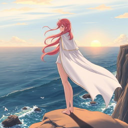 An anime heroine standing on a cliff, gazing into a vast ocean