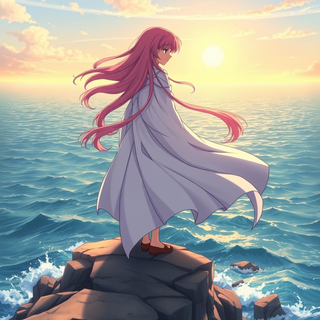 An anime heroine standing on a cliff, gazing into a vast ocean