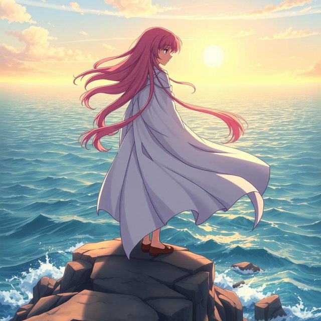 An anime heroine standing on a cliff, gazing into a vast ocean