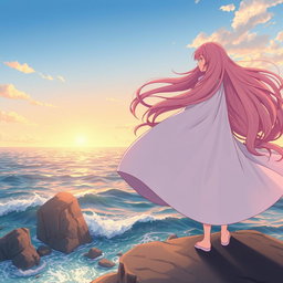 An anime heroine standing on a cliff, gazing into a vast ocean