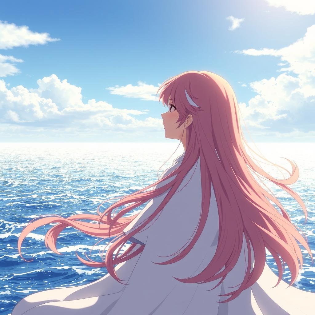 Anime heroine with long rose-colored hair, staring thoughtfully into a vast, shimmering ocean