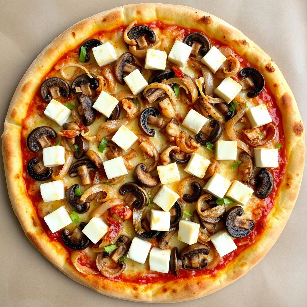 A mouthwatering pizza featuring a rich and creamy blend of tender mushrooms, crunchy onions, and soft paneer cubes, all generously layered with melted mozzarella cheese