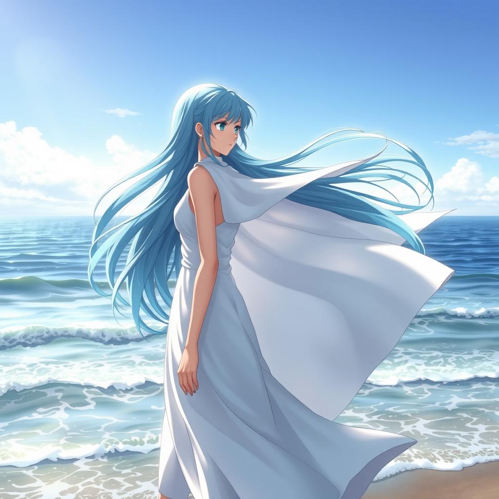 An anime heroine stands gracefully at the edge of the ocean, gazing thoughtfully into the horizon