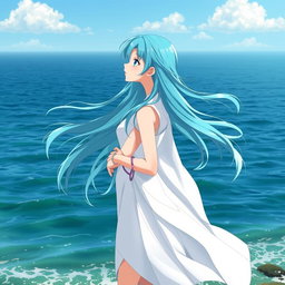 An anime heroine stands gracefully at the edge of the ocean, gazing thoughtfully into the horizon