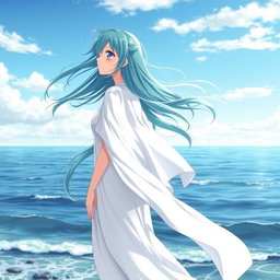 An anime heroine stands gracefully at the edge of the ocean, gazing thoughtfully into the horizon