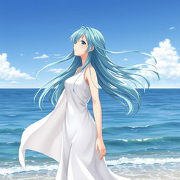 An anime heroine stands gracefully at the edge of the ocean, gazing thoughtfully into the horizon