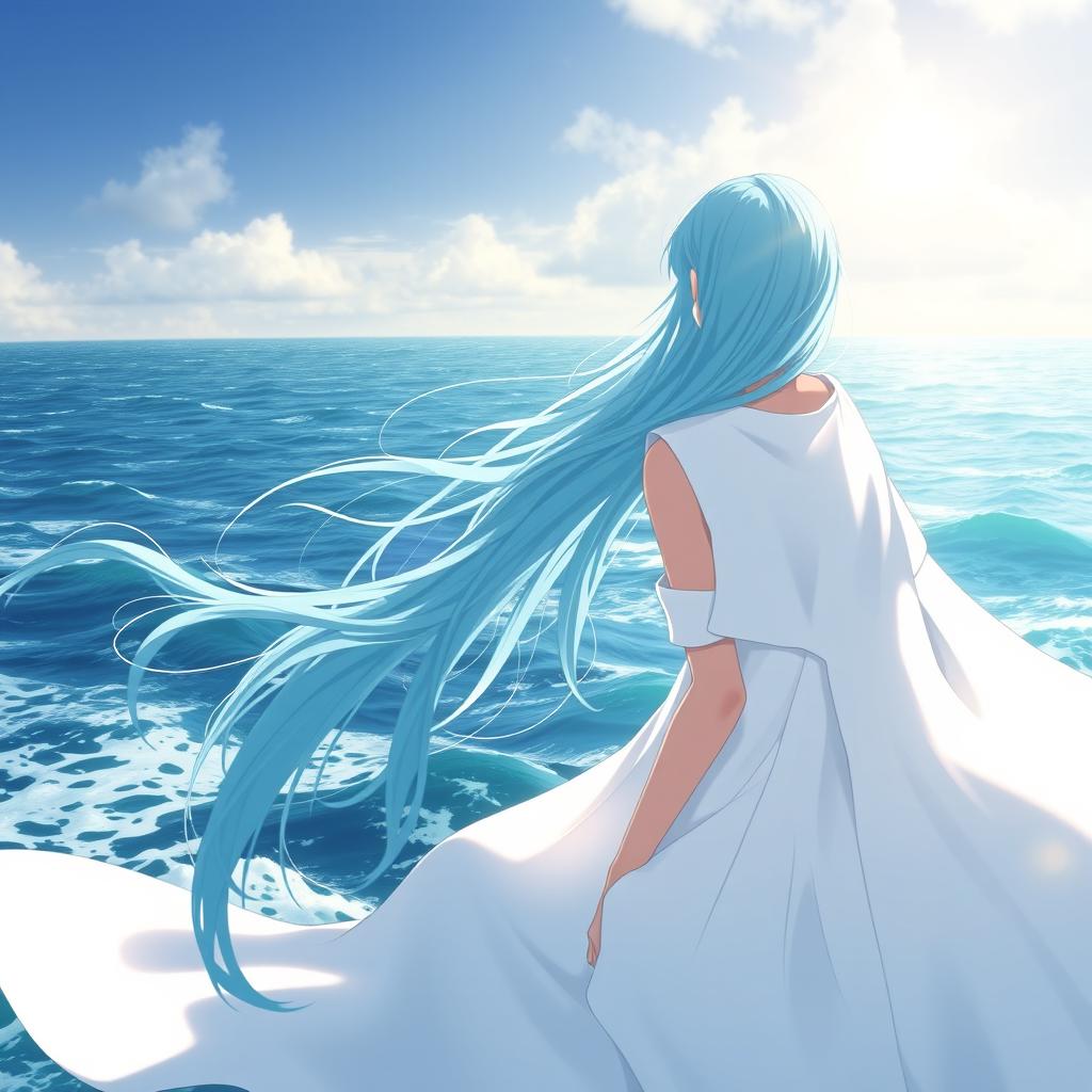 Anime heroine gazing majestically into a vast ocean, her long cyan hair flowing elegantly in the gentle sea breeze