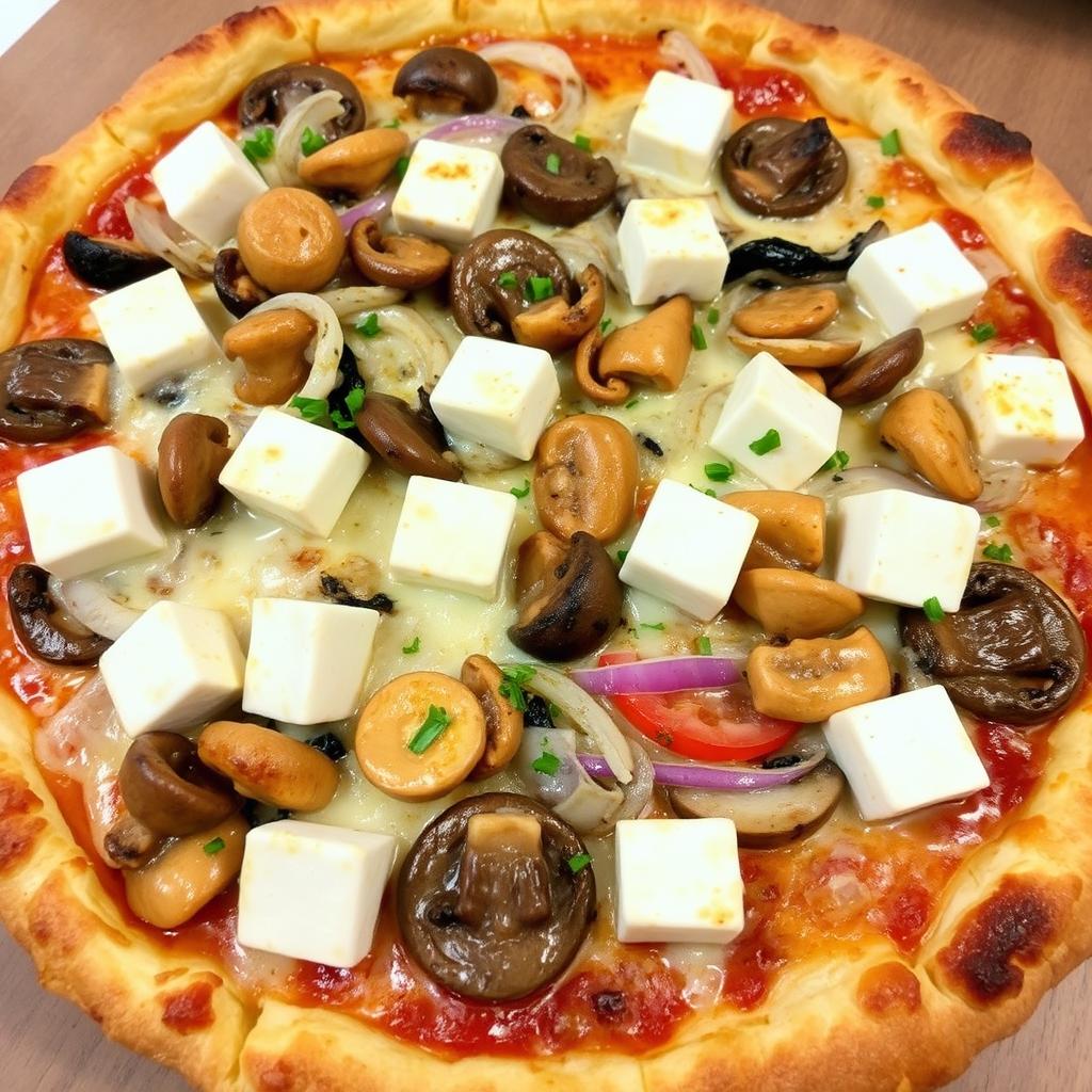 A delectable pizza showcasing a rich and creamy combination of tender mushrooms, crunchy onions, and soft paneer cubes, generously topped with ooey-gooey melted mozzarella cheese