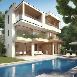 Generate a luxurious three-story detached house with three bedrooms, a first-floor master living room, a well-equipped kitchen, four bathrooms with bathtubs and saunas, a three-car garage with an electric door, a large front yard, a garden on the right side, and a golden coated gate.