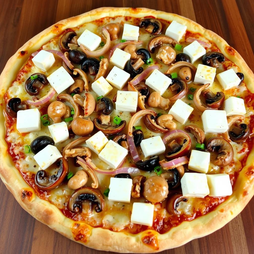 An indulgent pizza that showcases a rich and creamy medley of tender mushrooms, crunchy onions, and soft paneer cubes, lavishly topped with gooey melted mozzarella cheese