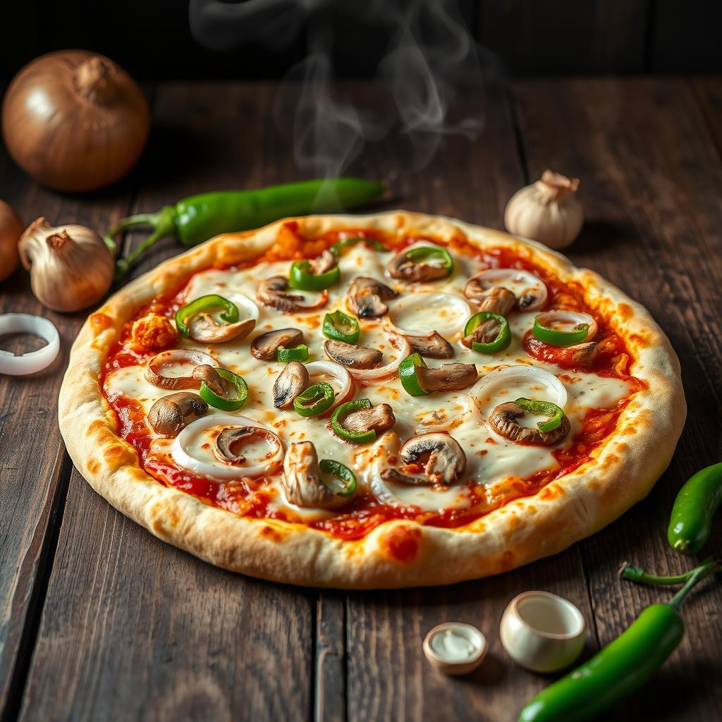 A freshly baked pizza topped with slices of fresh onions, tender mushrooms, and crunchy capsicum, all melted together with gooey mozzarella cheese