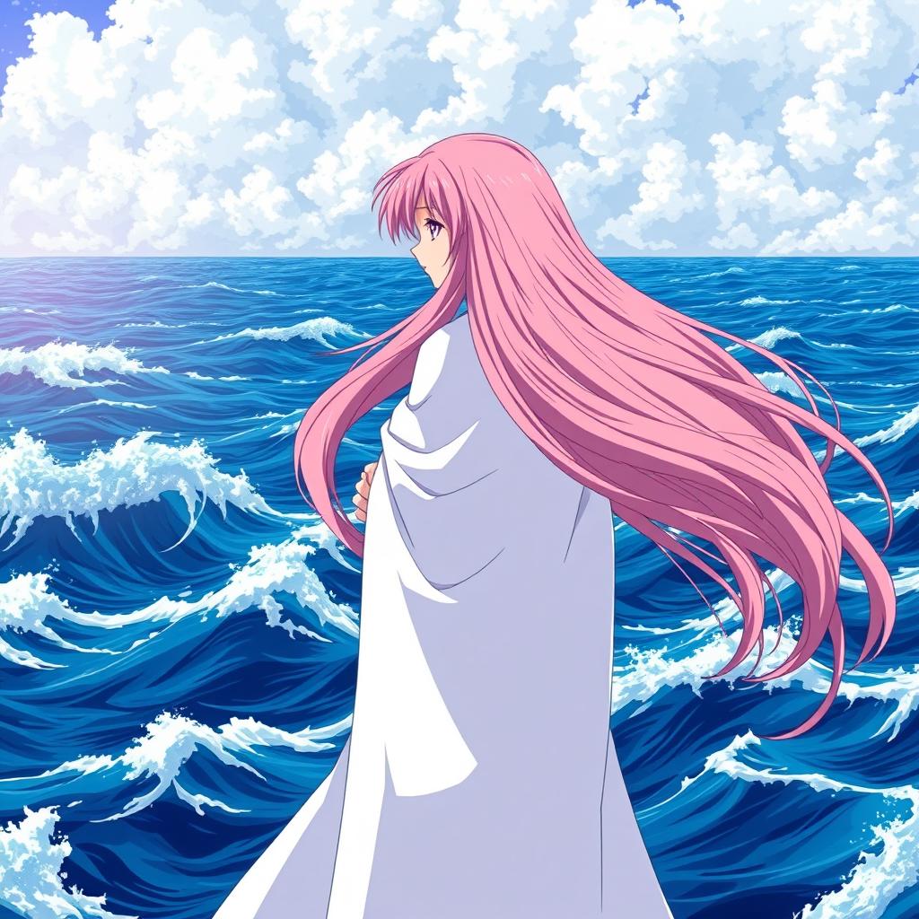 An anime heroine standing poised and staring intently into a vast, turbulent ocean