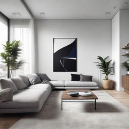 A modern styled living room with sleek furniture, minimalist decor, bright lighting, and contemporary art pieces.