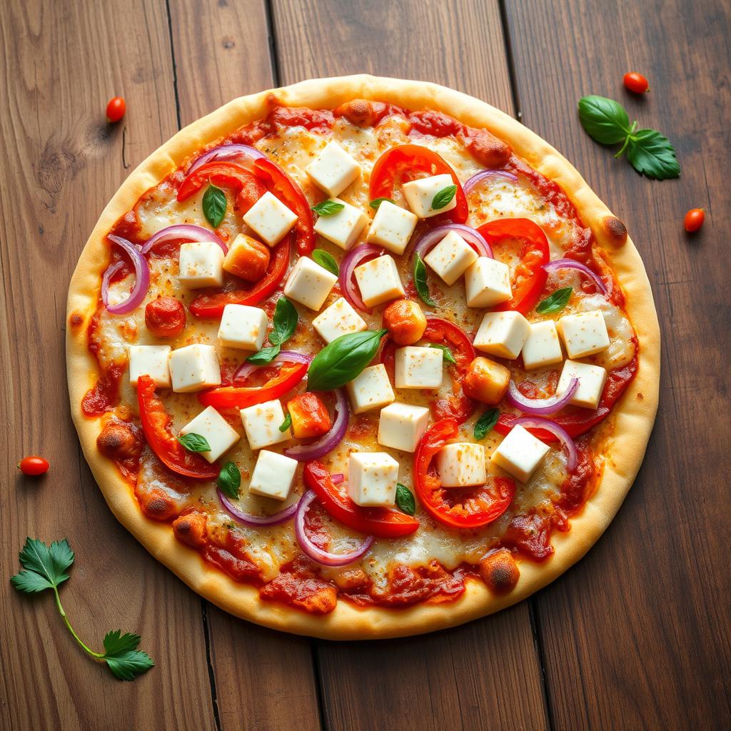 A mouthwatering pizza topped with creamy paneer cubes, fresh onions, and vibrant capsicum, all generously layered with melted mozzarella cheese