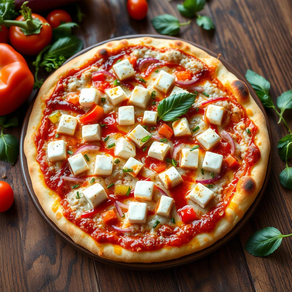 A delicious pizza topped with creamy paneer cubes, fresh diced onions, and vibrant capsicum, all beautifully layered under melted mozzarella cheese