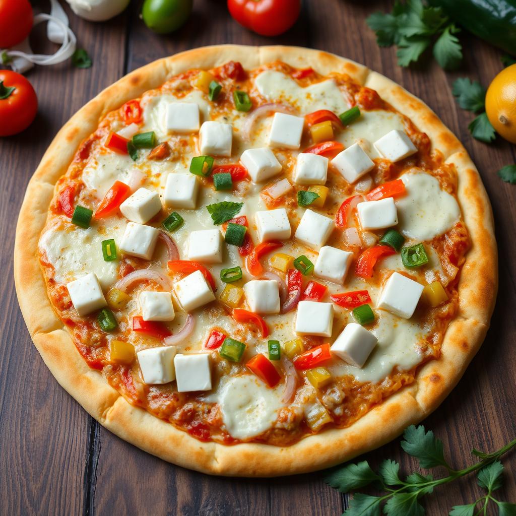 A delectable pizza featuring creamy paneer cubes, fresh diced onions, and vibrant capsicum, all beautifully layered under a generous amount of melted mozzarella cheese