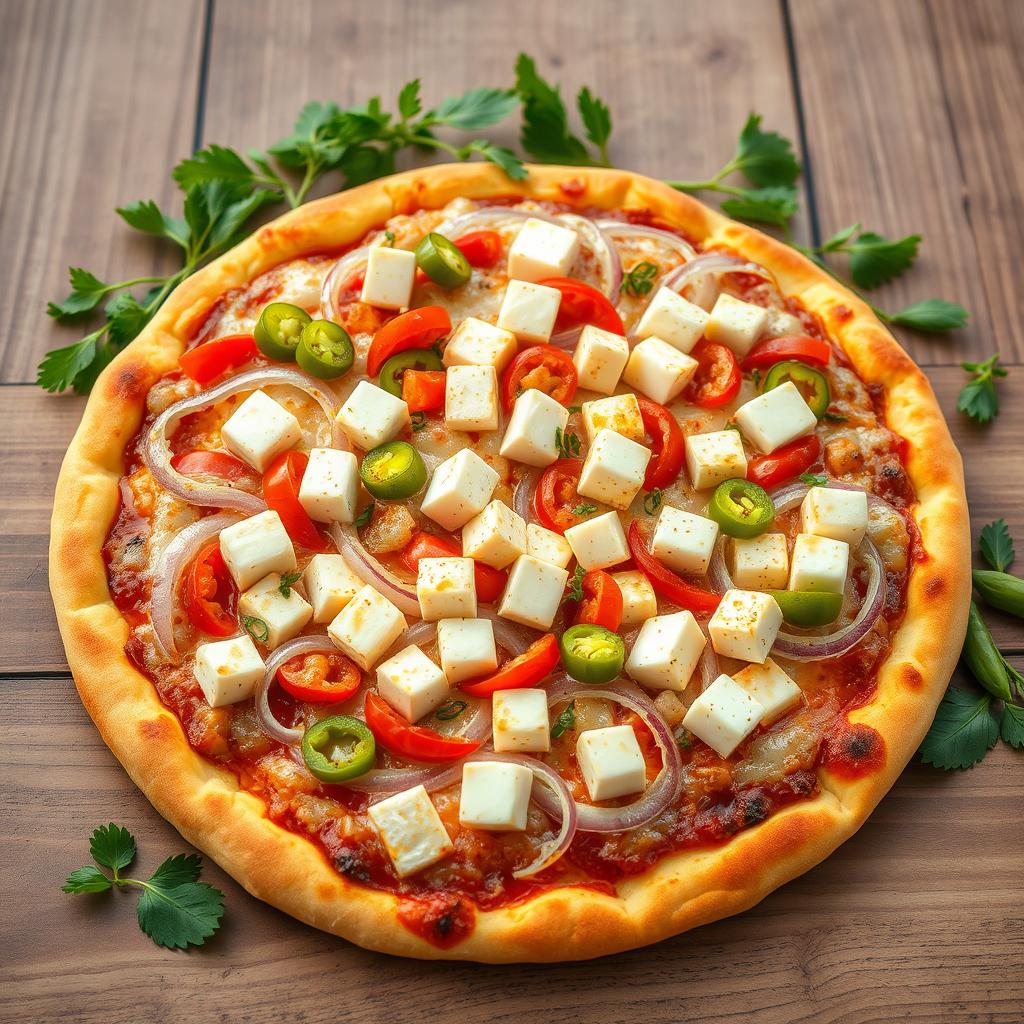 An enticing pizza overflowing with creamy paneer cubes, succulent fresh onions, and vibrant capsicum, all perfectly layered under a thick blanket of gooey mozzarella cheese
