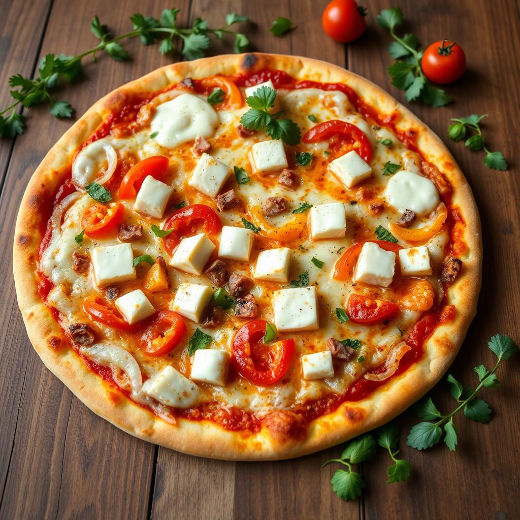An appetizing pizza featuring creamy paneer cubes, fresh chopped onions, and vibrant capsicum, all generously layered beneath a thick layer of gooey mozzarella cheese