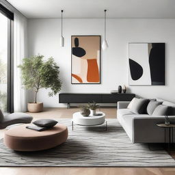 A modern styled living room with sleek furniture, minimalist decor, bright lighting, and contemporary art pieces.