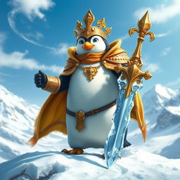 A majestic divine penguin warrior standing proudly on a snowy landscape