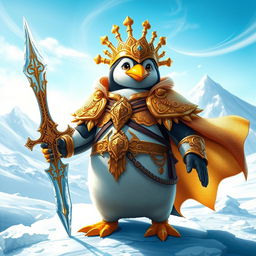 A majestic divine penguin warrior standing proudly on a snowy landscape